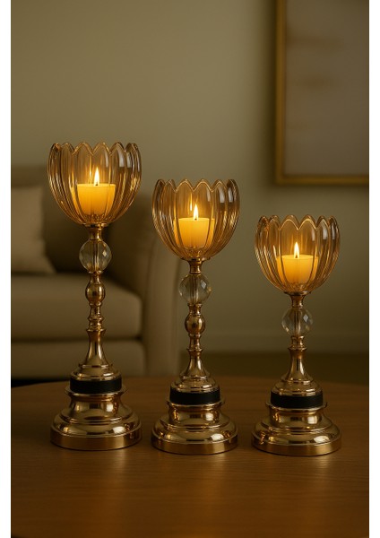Gold Detaylı Kristal Detaylı Lotus Desenli Cam Şamdan 3’lü Set Salon Yemek Masası Dekor Mumluk fiyatları