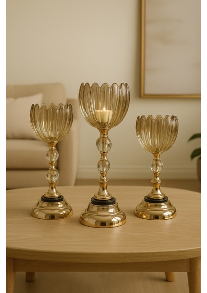 Gold Detaylı Kristal Detaylı Lotus Desenli Cam Şamdan 3’lü Set Salon Yemek Masası Dekor Mumluk fırsatları