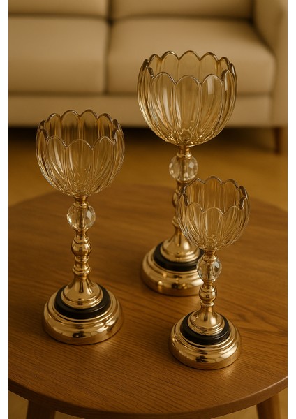 Gold Detaylı Kristal Detaylı Lotus Desenli Cam Şamdan 3’lü Set Salon Yemek Masası Dekor Mumluk