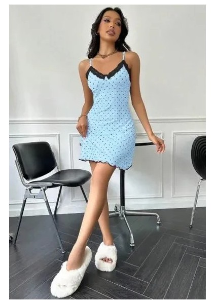 Kadın Bebe Mavisi Kalp Desenli Askılı Dantel Detaylı Elbise 5068