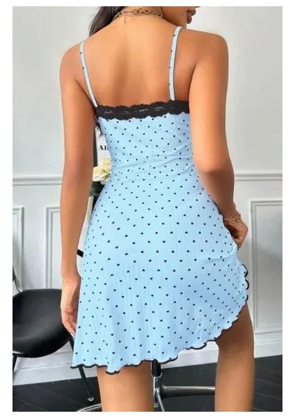 Kadın Bebe Mavisi Kalp Desenli Askılı Dantel Detaylı Elbise 5068 fiyatları