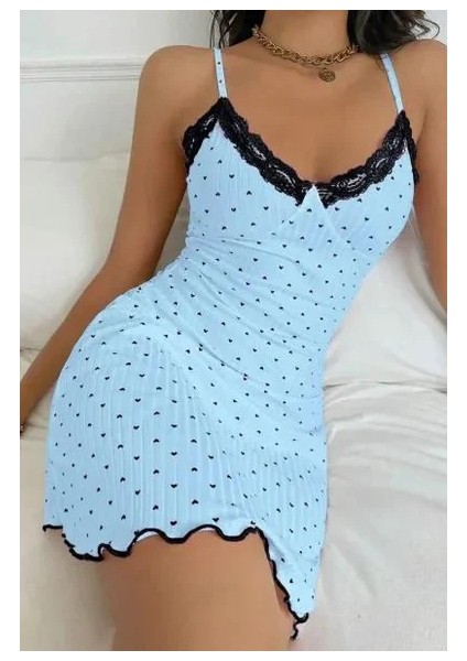 Kadın Bebe Mavisi Kalp Desenli Askılı Dantel Detaylı Elbise 5068 modelleri