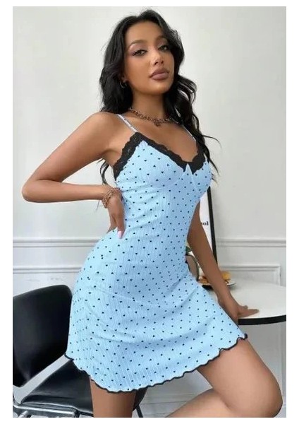 Kadın Bebe Mavisi Kalp Desenli Askılı Dantel Detaylı Elbise 5068 fırsatları