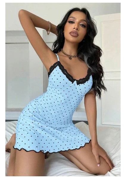 Kadın Bebe Mavisi Kalp Desenli Askılı Dantel Detaylı Elbise 5068 indirimleri