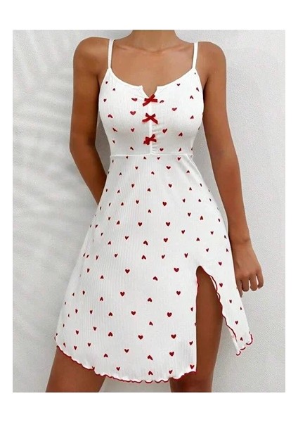 Kadın Beyaz Kırmızı Kalp Desenli Askılı Elbise 5066