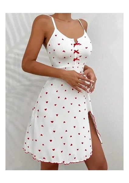 Kadın Beyaz Kırmızı Kalp Desenli Askılı Elbise 5066 fiyatları