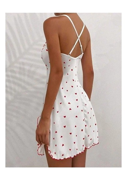 Kadın Beyaz Kırmızı Kalp Desenli Askılı Elbise 5066 modelleri