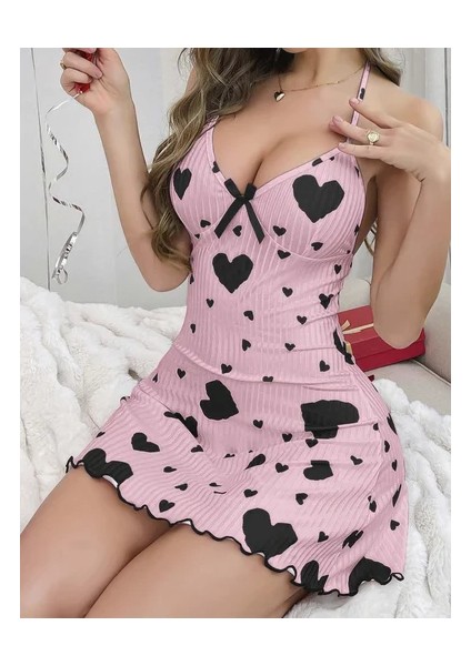 Kadın Pembe Syah Kalp Desenli Askılı Sırt Dekolteli Elbise 5065
