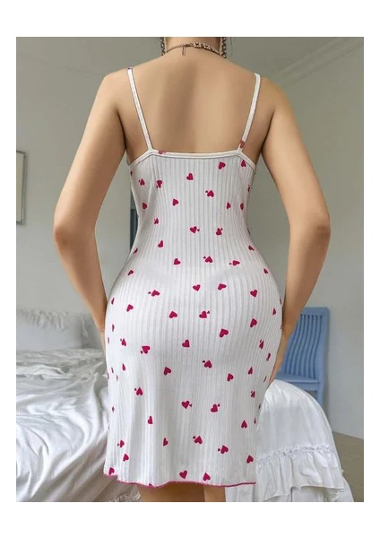 Kadın Beyaz Kırmızı Kalp Desenli Yandan Dantel Detaylı Askılı Elbise 5070 modelleri