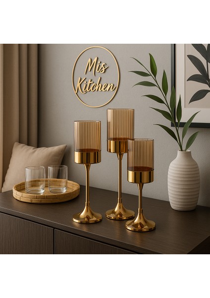 Altın Renk Metal Gövdeli Cam Şamdan 3’lü Set Salon Yemek Masası Dekoratif Mumluk