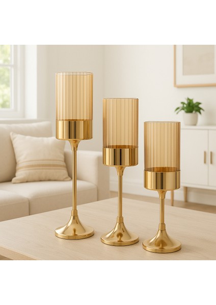 Altın Renk Metal Gövdeli Cam Şamdan 3’lü Set Salon Yemek Masası Dekoratif Mumluk fiyatları