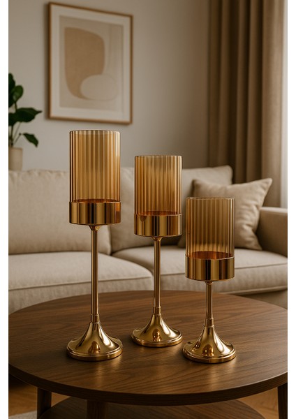 Altın Renk Metal Gövdeli Cam Şamdan 3’lü Set Salon Yemek Masası Dekoratif Mumluk modelleri