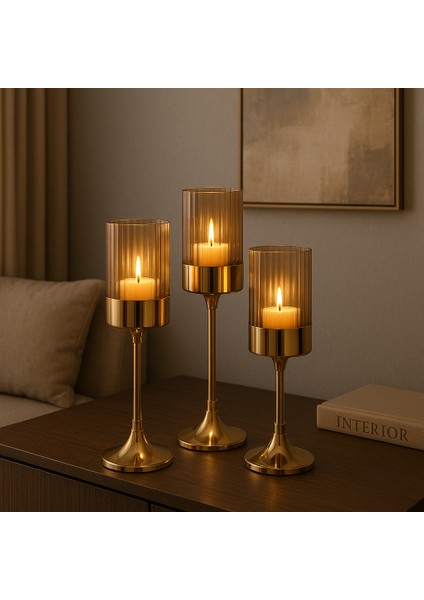 Altın Renk Metal Gövdeli Cam Şamdan 3’lü Set Salon Yemek Masası Dekoratif Mumluk fırsatları