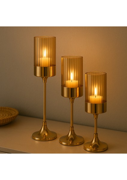 Altın Renk Metal Gövdeli Cam Şamdan 3’lü Set Salon Yemek Masası Dekoratif Mumluk indirimleri