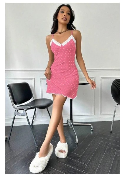 Kadın Fuşya Beyaz Kalp Desenli Askılı Dantel Detaylı Elbise 5069