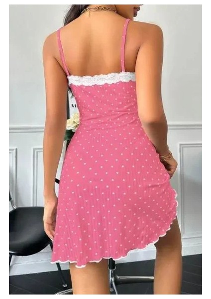 Kadın Fuşya Beyaz Kalp Desenli Askılı Dantel Detaylı Elbise 5069 modelleri