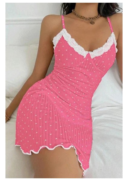 Kadın Fuşya Beyaz Kalp Desenli Askılı Dantel Detaylı Elbise 5069 indirimleri