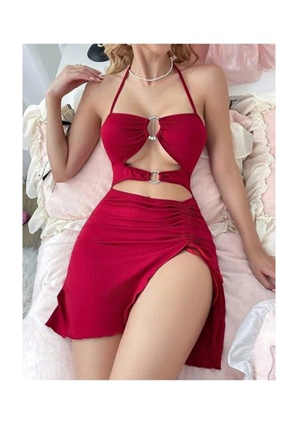 Kadın Kırmızı Fantezi Elbise Önden Büzgü Dekolteli 5082