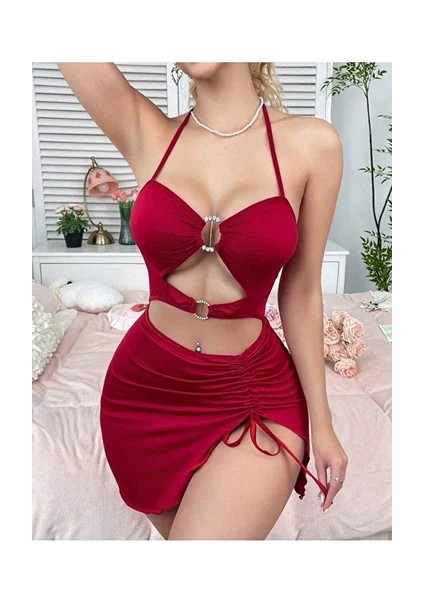 Kadın Kırmızı Fantezi Elbise Önden Büzgü Dekolteli 5082 modelleri