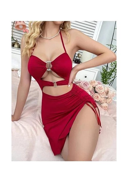 Kadın Kırmızı Fantezi Elbise Önden Büzgü Dekolteli 5082 fırsatları