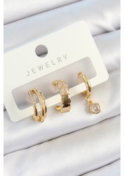 Pirinç Zirkon Taşlı Halka Model Gold Renk 3'lü Çift Kadın Küpe Set