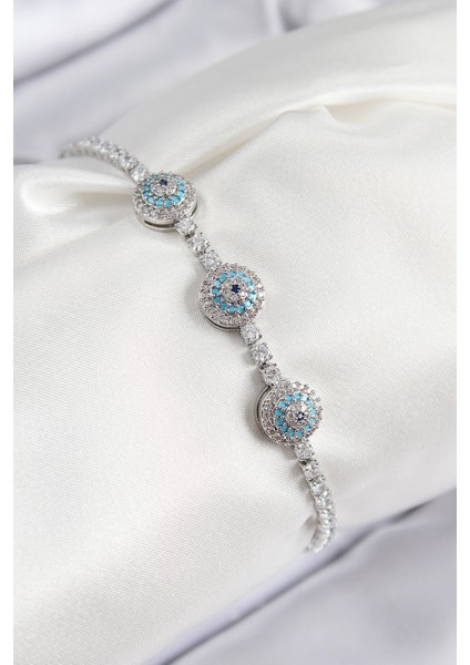 Pirinç Zirkon Taşlı Nazar Model Gümüş Renk Kadın Bileklik