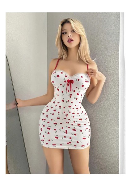 Kadın Beyaz Kiraz Desenli Askılı Bağlamalı Dantel Detaylı Elbise 5073 fiyatları