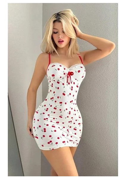 Kadın Beyaz Kiraz Desenli Askılı Bağlamalı Dantel Detaylı Elbise 5073 fırsatları