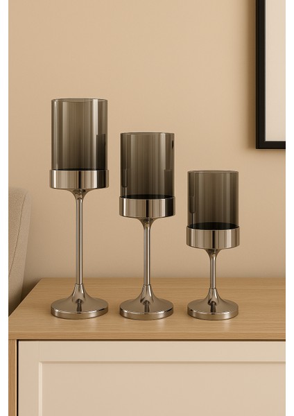 Gümüş Renk Silindirik Camlı Şamdan 3’lü Set Modern Salon Yemek Masası Dekoratif Mumluk