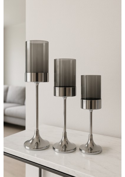 Gümüş Renk Silindirik Camlı Şamdan 3’lü Set Modern Salon Yemek Masası Dekoratif Mumluk fiyatları