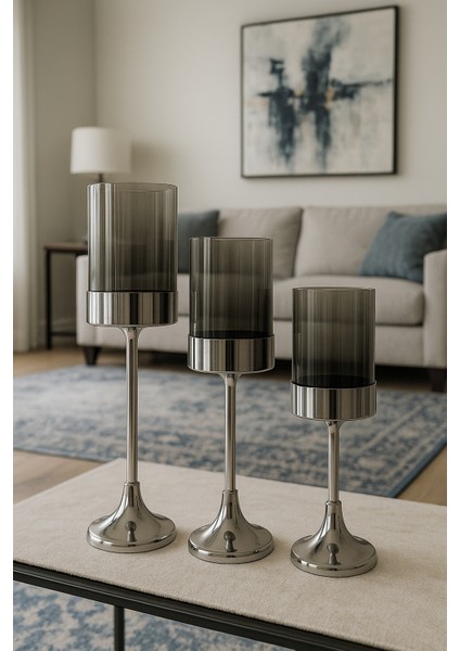 Gümüş Renk Silindirik Camlı Şamdan 3’lü Set Modern Salon Yemek Masası Dekoratif Mumluk modelleri