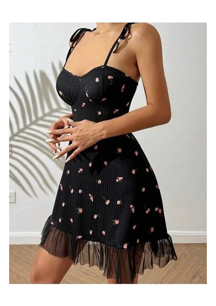 Kadın Siyah Pembe Gül Desenli Askılı Bağlamalı Dantel Detaylı Elbise 5072