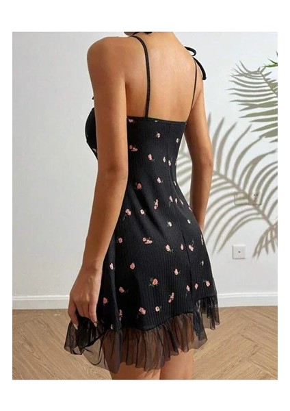 Kadın Siyah Pembe Gül Desenli Askılı Bağlamalı Dantel Detaylı Elbise 5072 fiyatları