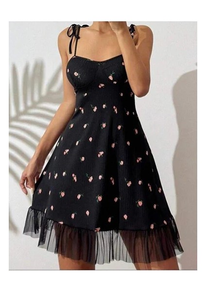 Kadın Siyah Pembe Gül Desenli Askılı Bağlamalı Dantel Detaylı Elbise 5072 modelleri