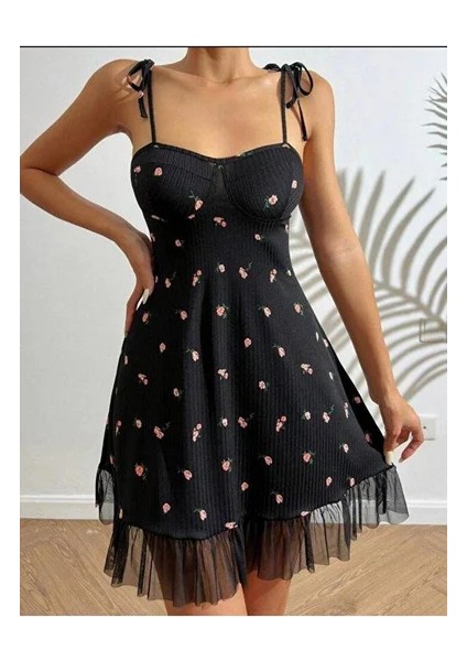 Kadın Siyah Pembe Gül Desenli Askılı Bağlamalı Dantel Detaylı Elbise 5072 fırsatları