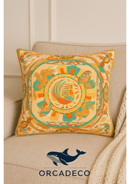 -Lüks Desenli Dekoratif Yastık Kılıfı – Horoz Motifli Vintage Kırlent 45X45 cm fiyatları