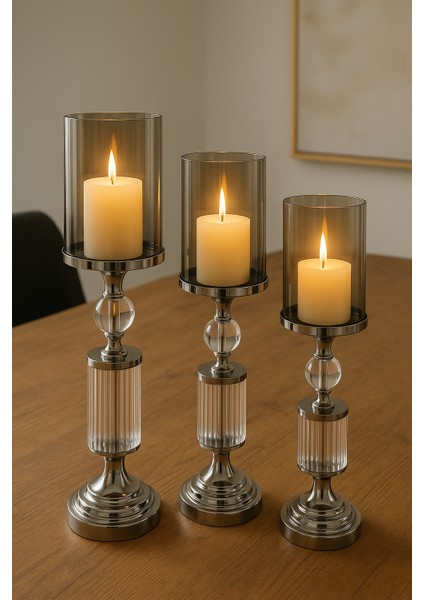Gümüş Renk Kristal Detaylı Silindir Camlı Şamdan 3’lü Set Modern Yemek Masası Salon Dekor Mumluk