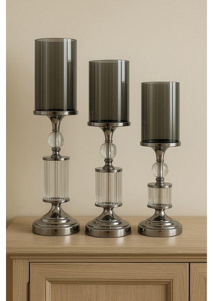 Gümüş Renk Kristal Detaylı Silindir Camlı Şamdan 3’lü Set Modern Yemek Masası Salon Dekor Mumluk fiyatları
