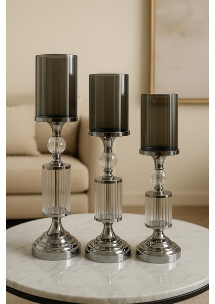 Gümüş Renk Kristal Detaylı Silindir Camlı Şamdan 3’lü Set Modern Yemek Masası Salon Dekor Mumluk modelleri