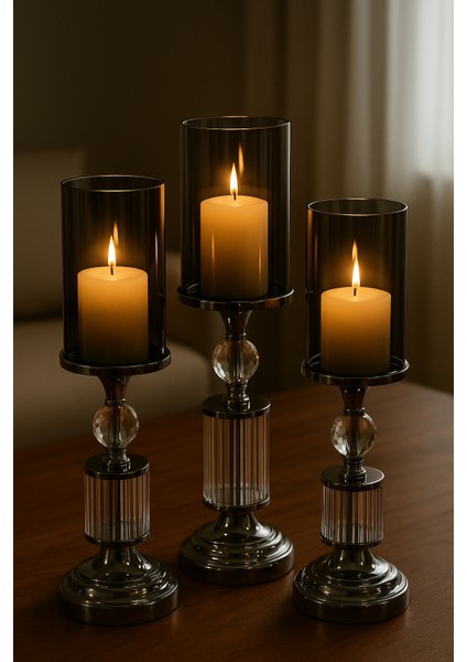 Gümüş Renk Kristal Detaylı Silindir Camlı Şamdan 3’lü Set Modern Yemek Masası Salon Dekor Mumluk fırsatları