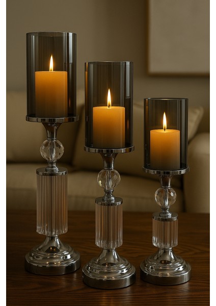 Gümüş Renk Kristal Detaylı Silindir Camlı Şamdan 3’lü Set Modern Yemek Masası Salon Dekor Mumluk indirimleri