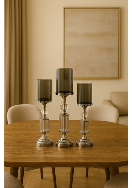 Gümüş Renk Kristal Detaylı Silindir Camlı Şamdan 3’lü Set Modern Yemek Masası Salon Dekor Mumluk