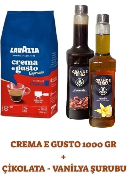 Crema E Gusto 1000 G Çekirdek Kahve + Grande Terra Çikolata & Vanilya Şurubu 750 ml x 2 Seti