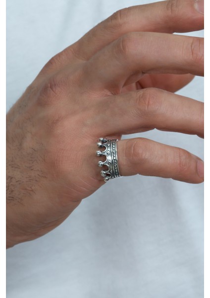 Kral Kraliçe Tacı Gümüş Çift Alyans Yüzük + Tektaş al43