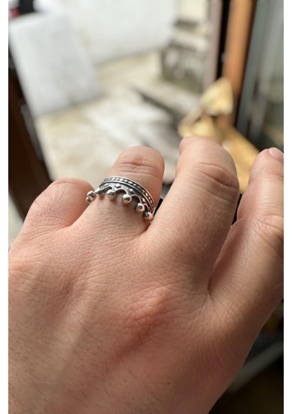 Kral Kraliçe Tacı Gümüş Çift Alyans Yüzük + Tektaş al43