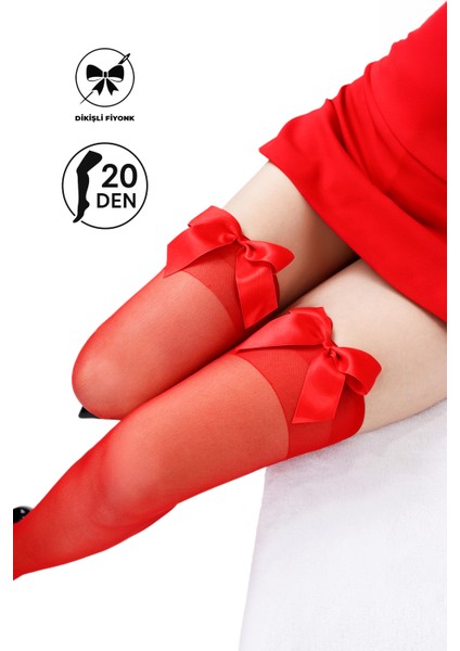 Sofya Passion Kırmızı Fiyonklu Diz Üstü Kırmızı Jartiyer Çorap, Burun Takviyeli, Dayanıklı Kırmızı Kadın Çorabı