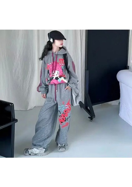 Özel Tasarım Fuşya Şeritli Süper Oversize Kışlık Dünya Modası Hip Hop Kız Çocuk Eşofman Takımı