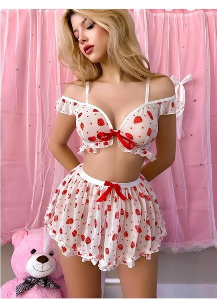 Beyaz Üstüne Çilek Desenli Etekli Fantezi Sütyen Takımı modelleri