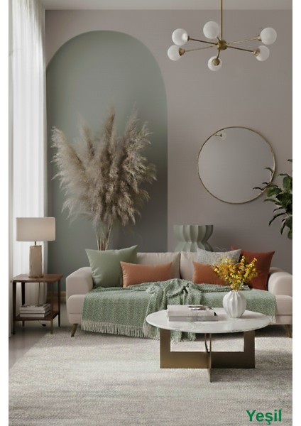 Yeşil Pamuklu Koltuk Örtüsü 115X200 Önden Saçaklı Çizgili Desenli