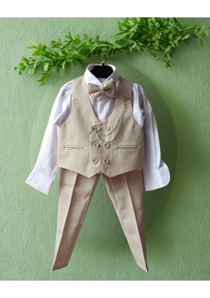 5 Parça Erkek Bebek Damat Takım– Gömlek, Yelek, Pantolon, Papyon ve Zincirli Broş